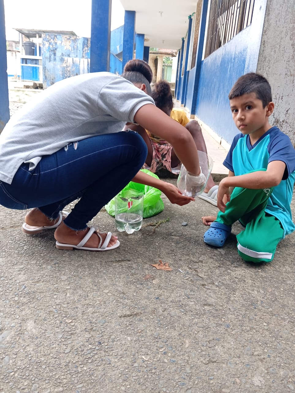 Estudiantes preparando botellas para plantar árboles en el patio del colegio